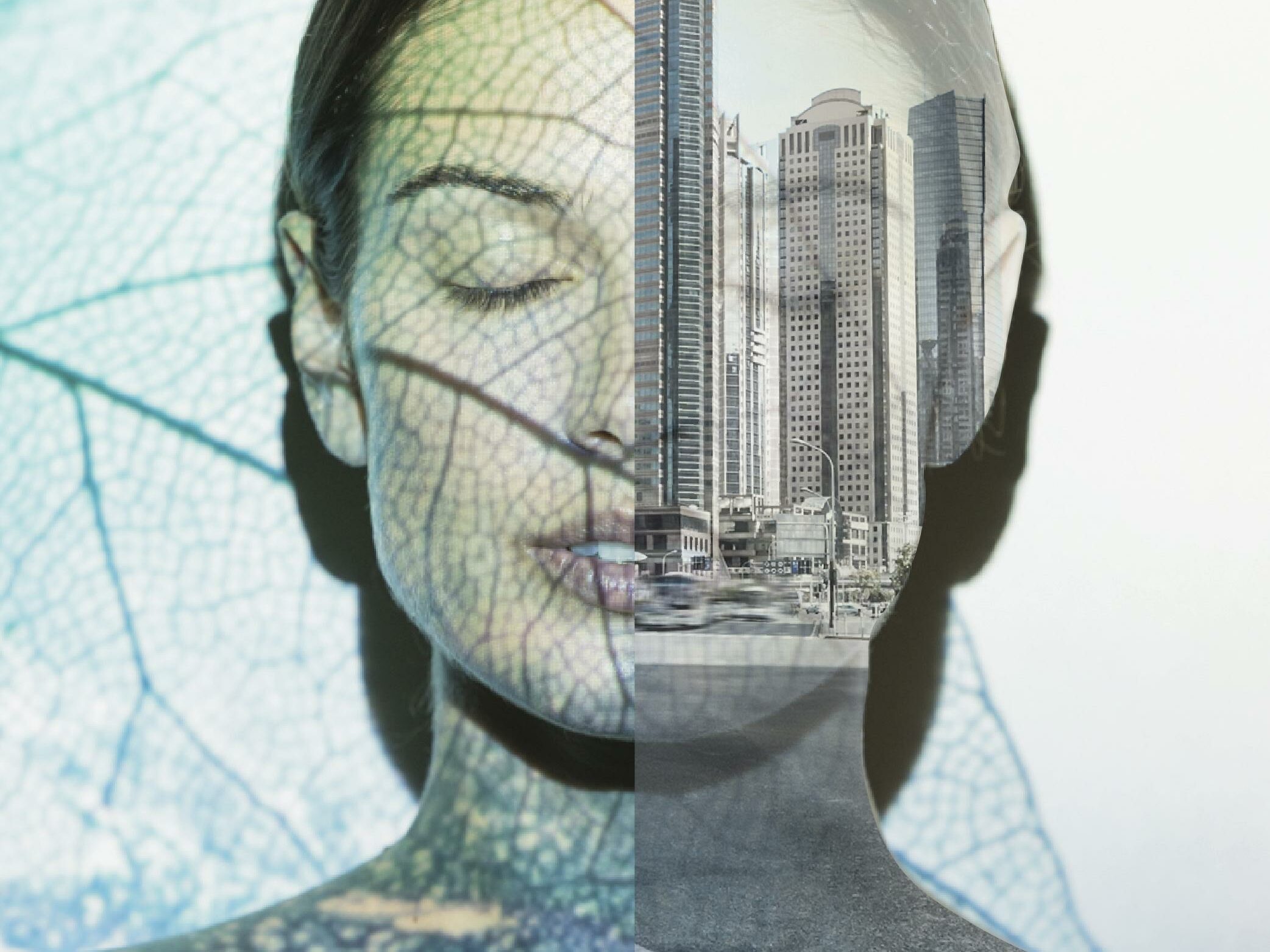 A composite image featuring a woman's face and upper body, blended with a leaf pattern on the left side and a cityscape with skyscrapers on the right. The left side represents nature, while the right side symbolizes an urban environment.