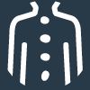 A white, stylized icon of a coat or jacket with buttons down the center, displayed against a dark background. The coat flares slightly at the bottom, and the design is simple and minimalistic.